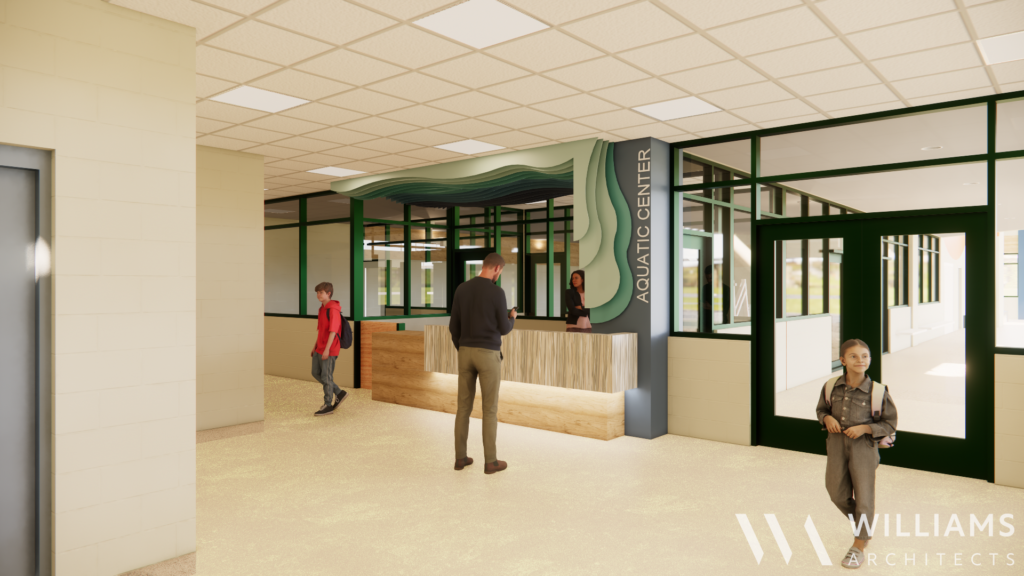 Renderings of Splash Landings front desk renovations.