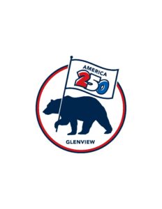 Glenview 250 logo featuring the blue Jackman Bear waving a flag.