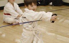 boy in karate uniform punching